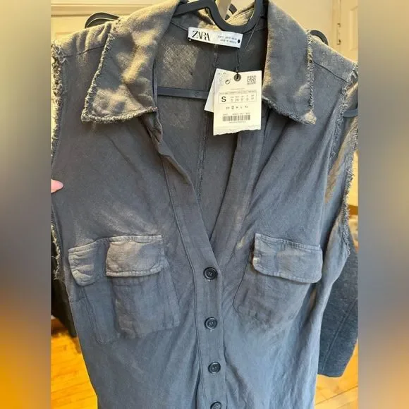 New ZARA LINEN SHIRTDRESS size XS S long Midi 100% linen Sleeveless V-neck dress - Picture 15 of 16